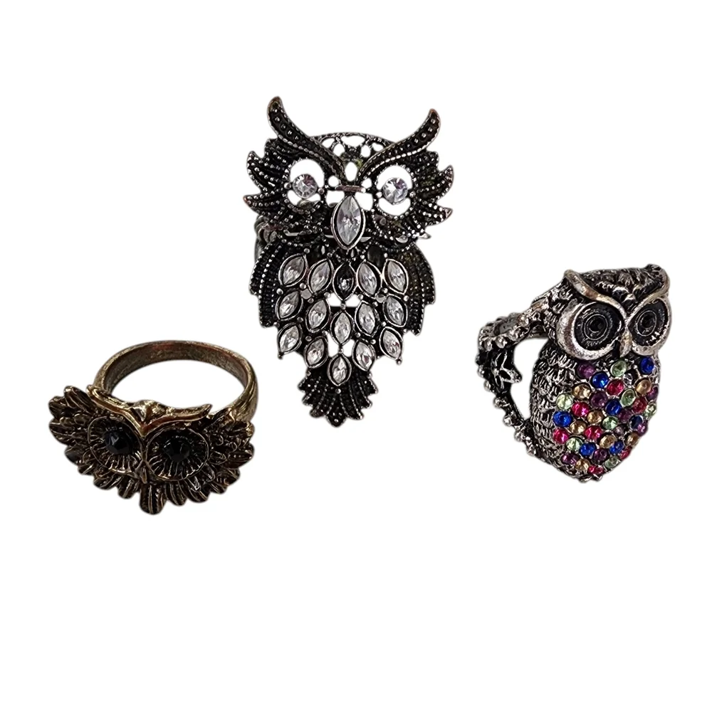 Bundle of 3 Owl Rings Antique Silver And Brass Tone With Rhinestones - Picture 10 of 15